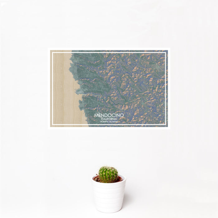 12x18 Mendocino California Map Print Landscape Orientation in Afternoon Style With Small Cactus Plant in White Planter