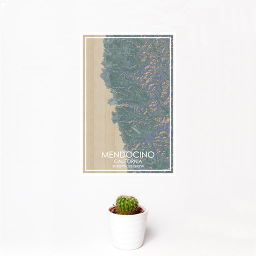 12x18 Mendocino California Map Print Portrait Orientation in Afternoon Style With Small Cactus Plant in White Planter