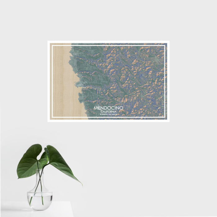 16x24 Mendocino California Map Print Landscape Orientation in Afternoon Style With Tropical Plant Leaves in Water