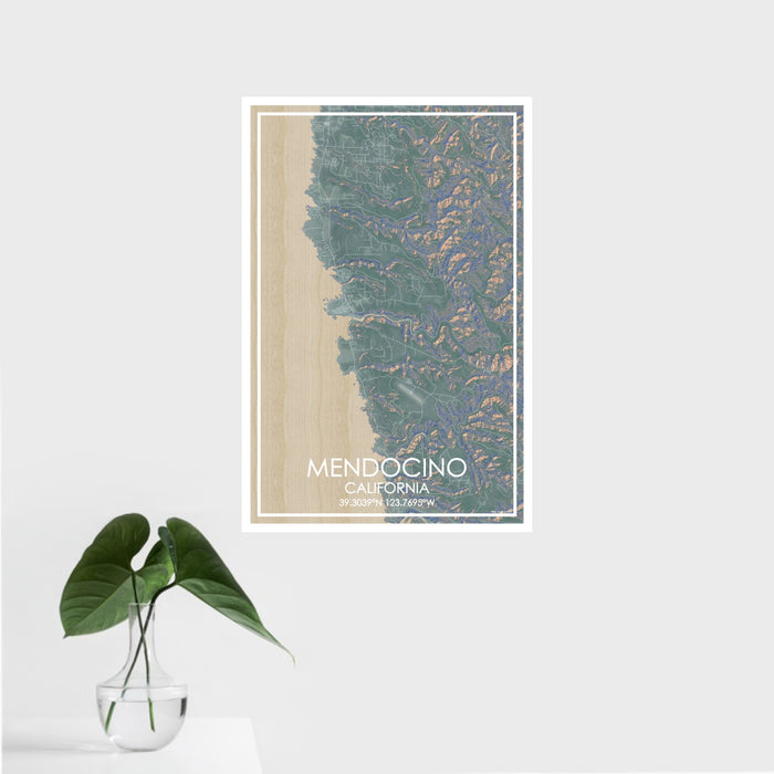16x24 Mendocino California Map Print Portrait Orientation in Afternoon Style With Tropical Plant Leaves in Water