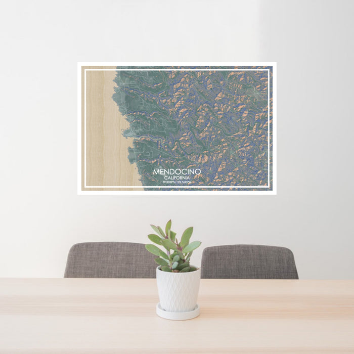 24x36 Mendocino California Map Print Lanscape Orientation in Afternoon Style Behind 2 Chairs Table and Potted Plant