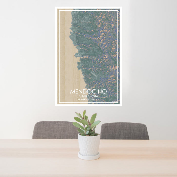 24x36 Mendocino California Map Print Portrait Orientation in Afternoon Style Behind 2 Chairs Table and Potted Plant