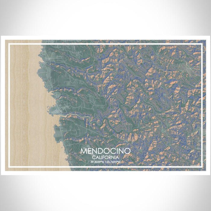 Mendocino California Map Print Landscape Orientation in Afternoon Style With Shaded Background
