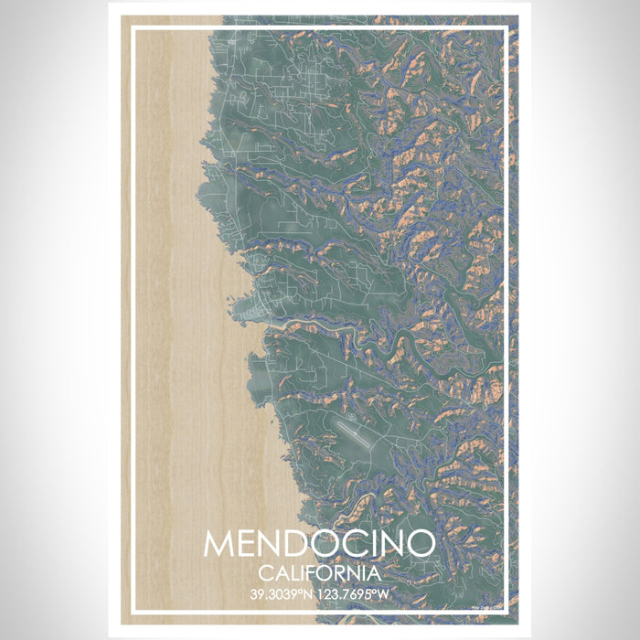 Mendocino California Map Print Portrait Orientation in Afternoon Style With Shaded Background