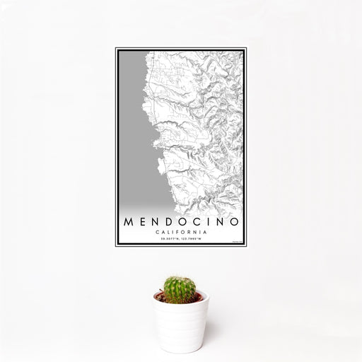 12x18 Mendocino California Map Print Portrait Orientation in Classic Style With Small Cactus Plant in White Planter
