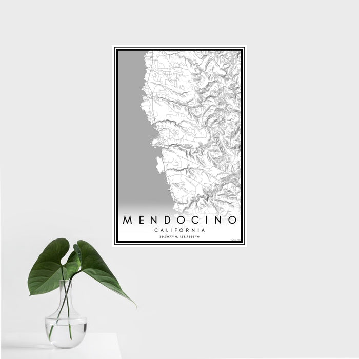 16x24 Mendocino California Map Print Portrait Orientation in Classic Style With Tropical Plant Leaves in Water