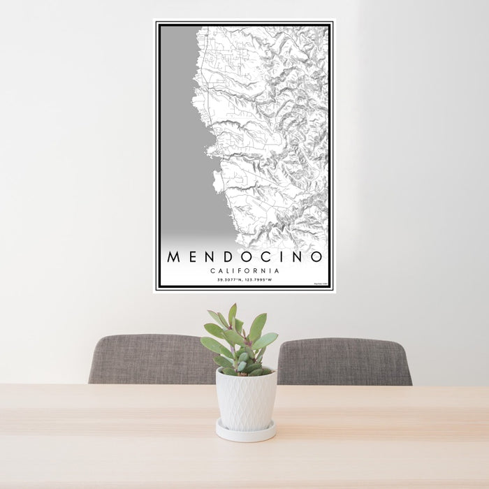 24x36 Mendocino California Map Print Portrait Orientation in Classic Style Behind 2 Chairs Table and Potted Plant