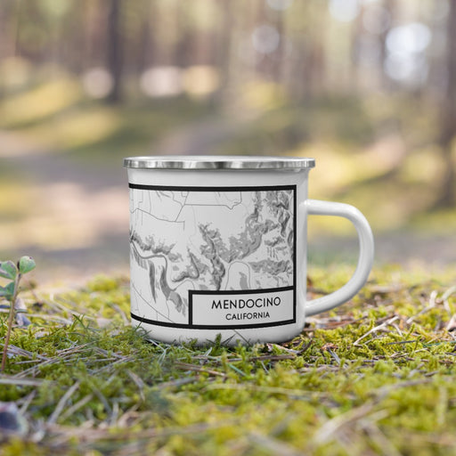 Right View Custom Mendocino California Map Enamel Mug in Classic on Grass With Trees in Background