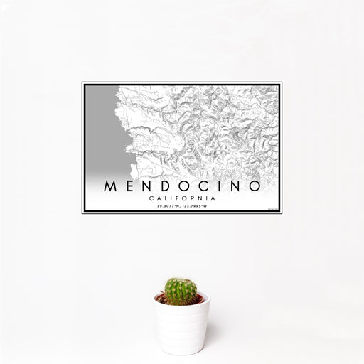 12x18 Mendocino California Map Print Landscape Orientation in Classic Style With Small Cactus Plant in White Planter