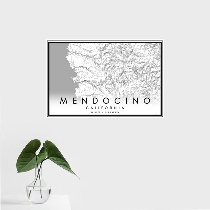 16x24 Mendocino California Map Print Landscape Orientation in Classic Style With Tropical Plant Leaves in Water