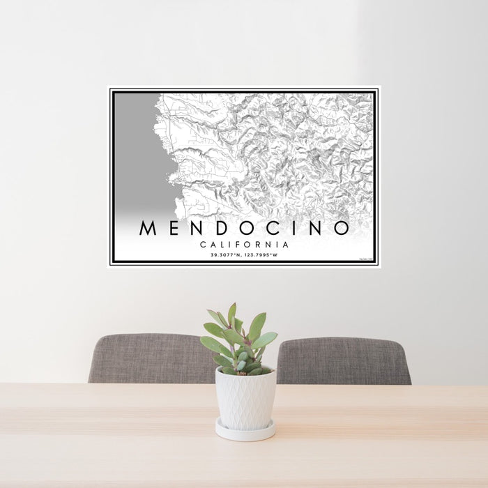 24x36 Mendocino California Map Print Landscape Orientation in Classic Style Behind 2 Chairs Table and Potted Plant