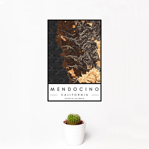 12x18 Mendocino California Map Print Portrait Orientation in Ember Style With Small Cactus Plant in White Planter