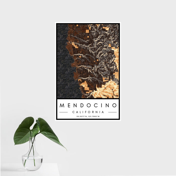16x24 Mendocino California Map Print Portrait Orientation in Ember Style With Tropical Plant Leaves in Water