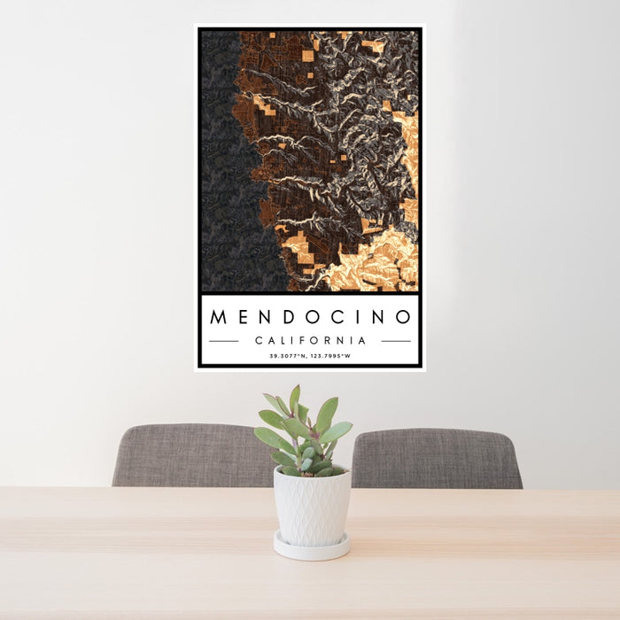 24x36 Mendocino California Map Print Portrait Orientation in Ember Style Behind 2 Chairs Table and Potted Plant