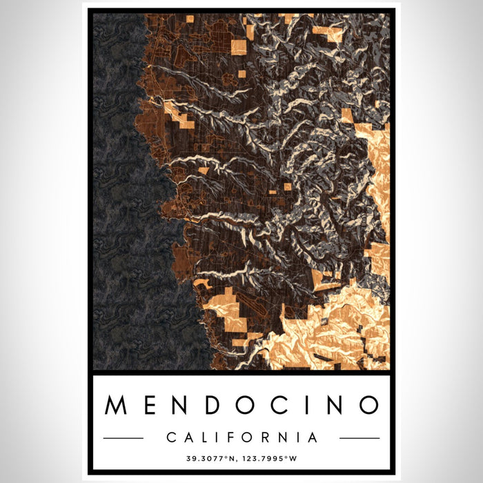 Mendocino California Map Print Portrait Orientation in Ember Style With Shaded Background