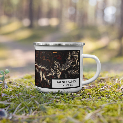 Right View Custom Mendocino California Map Enamel Mug in Ember on Grass With Trees in Background