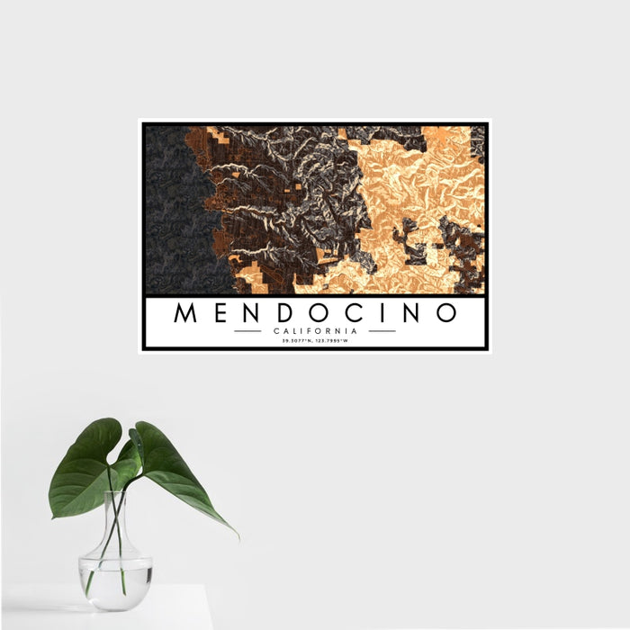 16x24 Mendocino California Map Print Landscape Orientation in Ember Style With Tropical Plant Leaves in Water