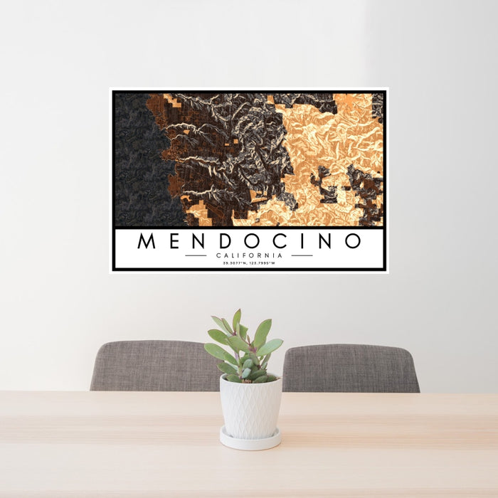 24x36 Mendocino California Map Print Landscape Orientation in Ember Style Behind 2 Chairs Table and Potted Plant