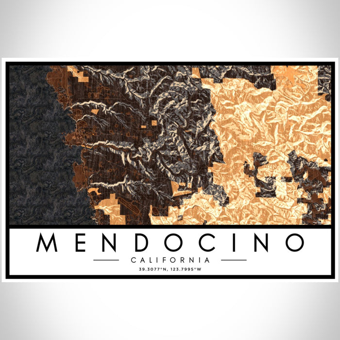 Mendocino California Map Print Landscape Orientation in Ember Style With Shaded Background