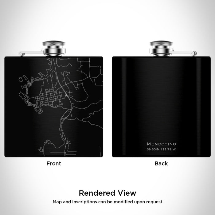 Rendered View of Mendocino California Map Engraving on 6oz Stainless Steel Flask in Black
