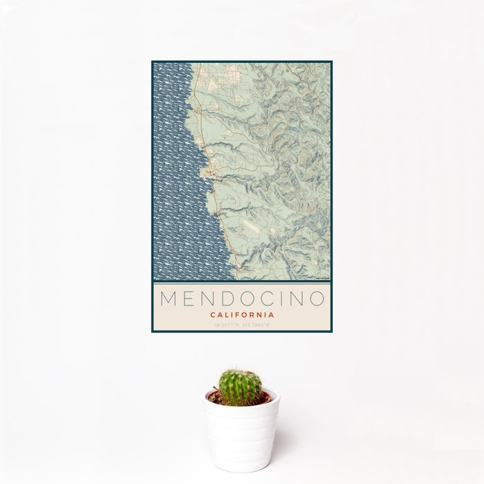 12x18 Mendocino California Map Print Portrait Orientation in Woodblock Style With Small Cactus Plant in White Planter