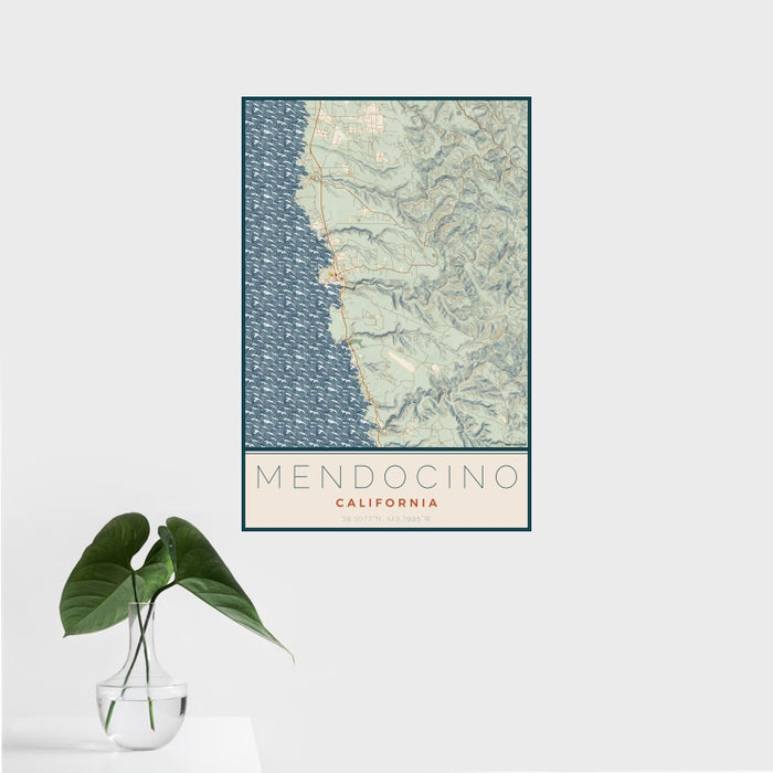 16x24 Mendocino California Map Print Portrait Orientation in Woodblock Style With Tropical Plant Leaves in Water