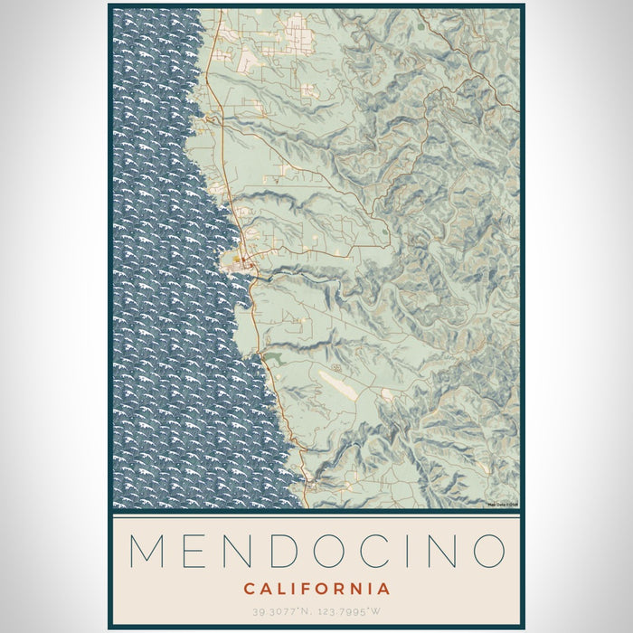 Mendocino California Map Print Portrait Orientation in Woodblock Style With Shaded Background