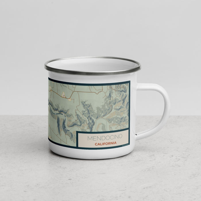 Right View Custom Mendocino California Map Enamel Mug in Woodblock