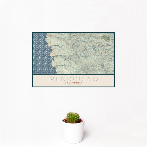 12x18 Mendocino California Map Print Landscape Orientation in Woodblock Style With Small Cactus Plant in White Planter