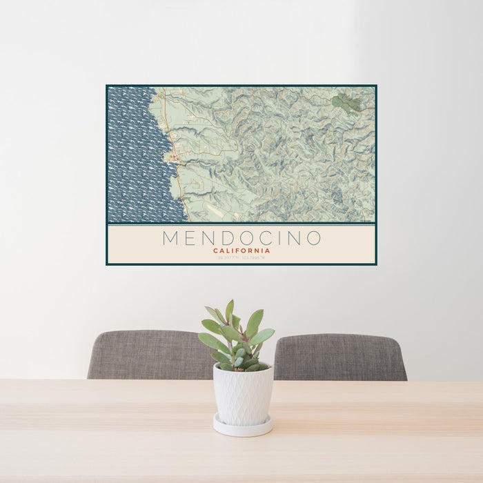 24x36 Mendocino California Map Print Landscape Orientation in Woodblock Style Behind 2 Chairs Table and Potted Plant