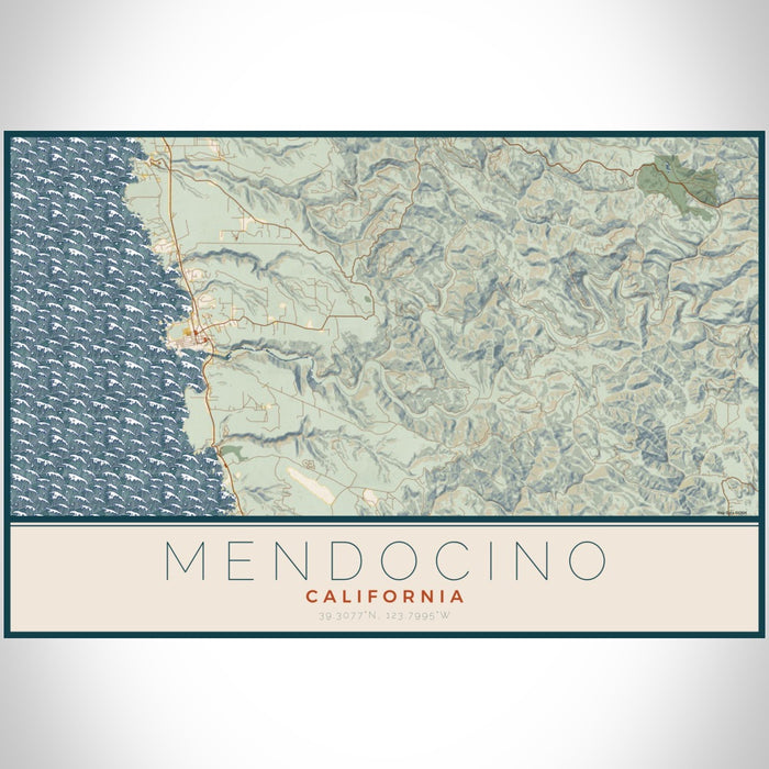 Mendocino California Map Print Landscape Orientation in Woodblock Style With Shaded Background