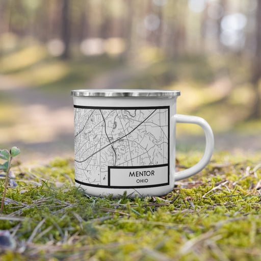Right View Custom Mentor Ohio Map Enamel Mug in Classic on Grass With Trees in Background