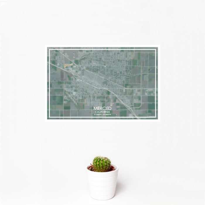 12x18 Merced California Map Print Landscape Orientation in Afternoon Style With Small Cactus Plant in White Planter