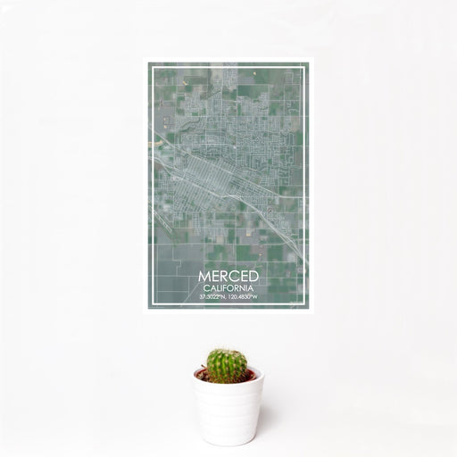12x18 Merced California Map Print Portrait Orientation in Afternoon Style With Small Cactus Plant in White Planter