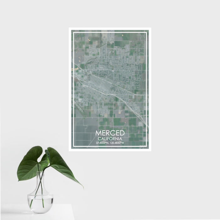 16x24 Merced California Map Print Portrait Orientation in Afternoon Style With Tropical Plant Leaves in Water