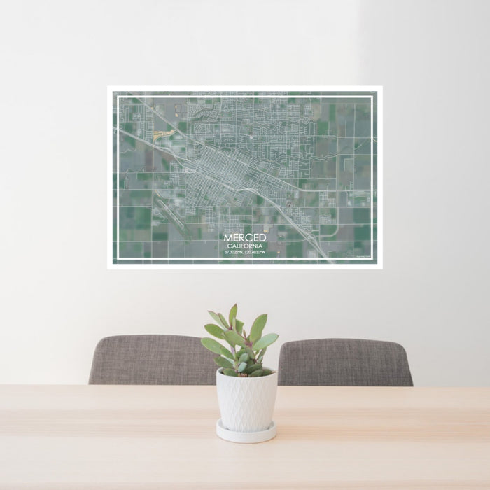 24x36 Merced California Map Print Lanscape Orientation in Afternoon Style Behind 2 Chairs Table and Potted Plant