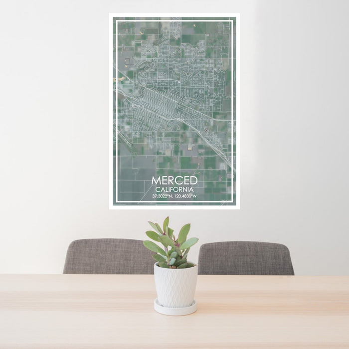 24x36 Merced California Map Print Portrait Orientation in Afternoon Style Behind 2 Chairs Table and Potted Plant