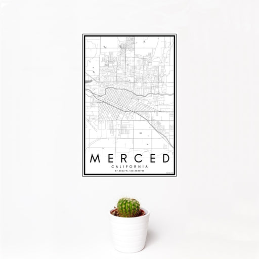 12x18 Merced California Map Print Portrait Orientation in Classic Style With Small Cactus Plant in White Planter