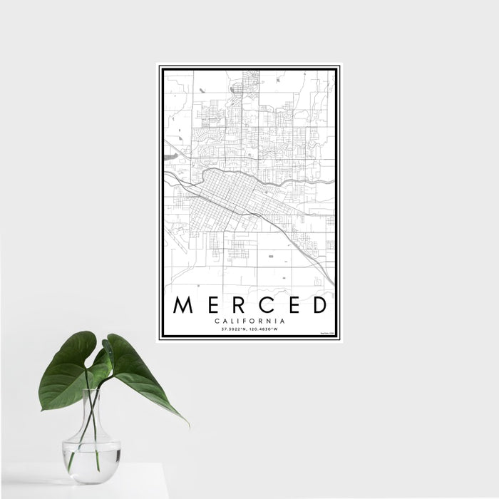 16x24 Merced California Map Print Portrait Orientation in Classic Style With Tropical Plant Leaves in Water