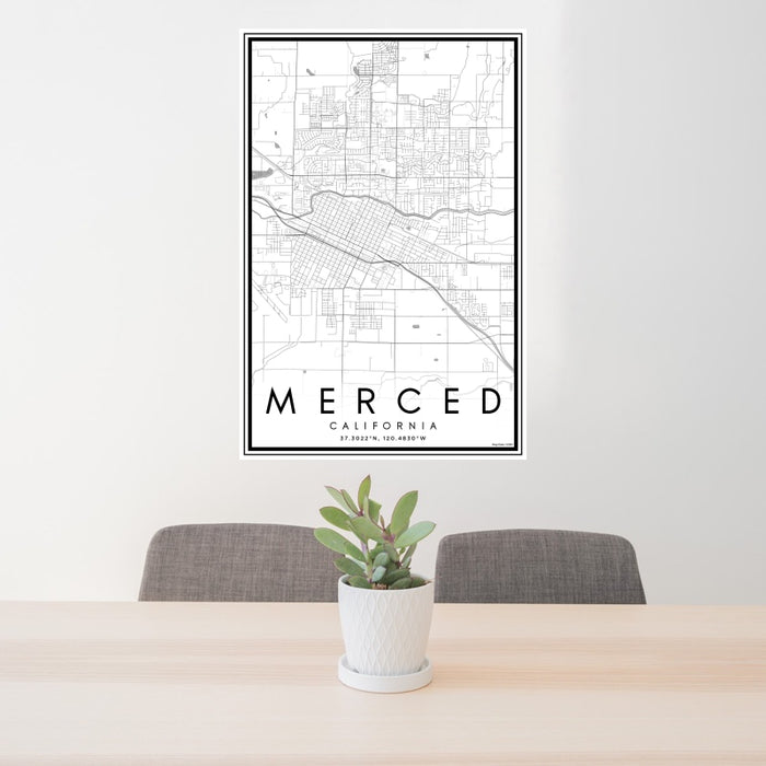 24x36 Merced California Map Print Portrait Orientation in Classic Style Behind 2 Chairs Table and Potted Plant