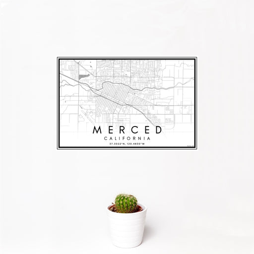 12x18 Merced California Map Print Landscape Orientation in Classic Style With Small Cactus Plant in White Planter