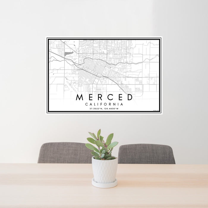 24x36 Merced California Map Print Landscape Orientation in Classic Style Behind 2 Chairs Table and Potted Plant