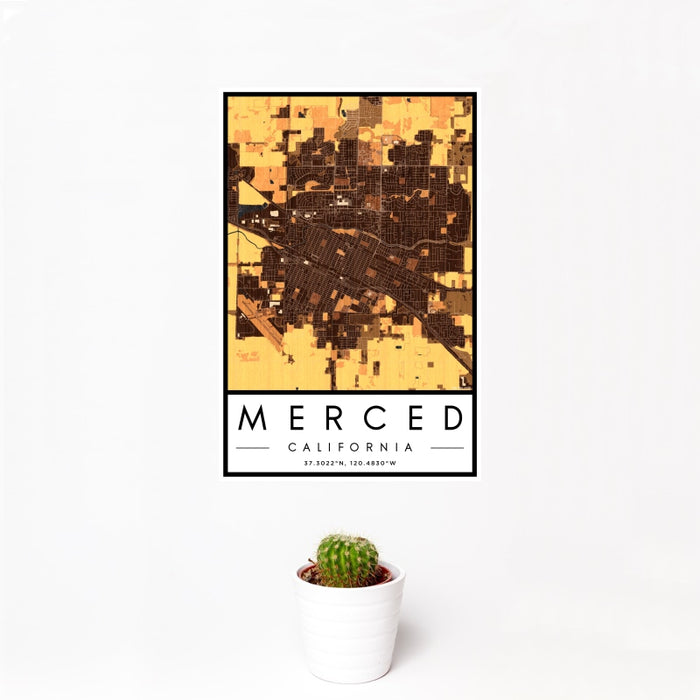 12x18 Merced California Map Print Portrait Orientation in Ember Style With Small Cactus Plant in White Planter