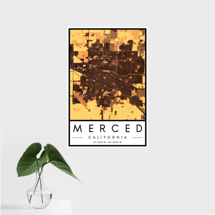 16x24 Merced California Map Print Portrait Orientation in Ember Style With Tropical Plant Leaves in Water