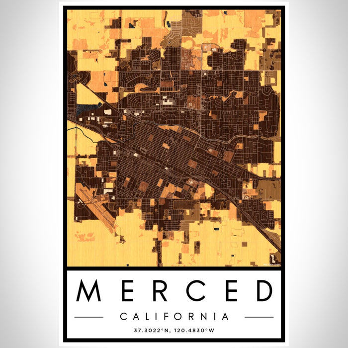 Merced California Map Print Portrait Orientation in Ember Style With Shaded Background