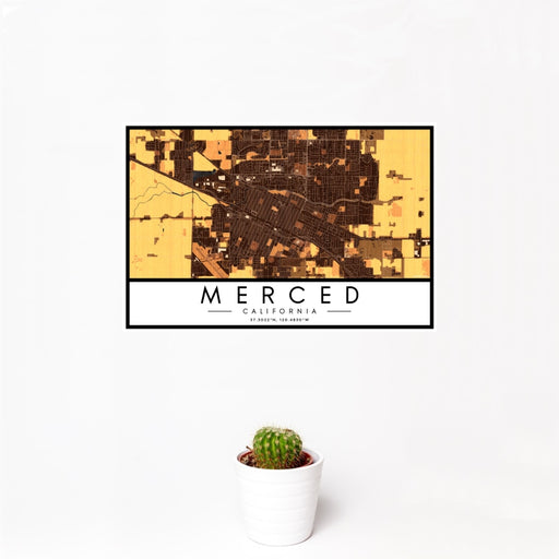 12x18 Merced California Map Print Landscape Orientation in Ember Style With Small Cactus Plant in White Planter