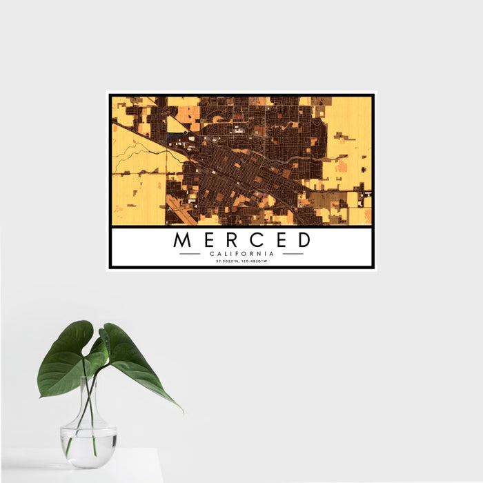 16x24 Merced California Map Print Landscape Orientation in Ember Style With Tropical Plant Leaves in Water