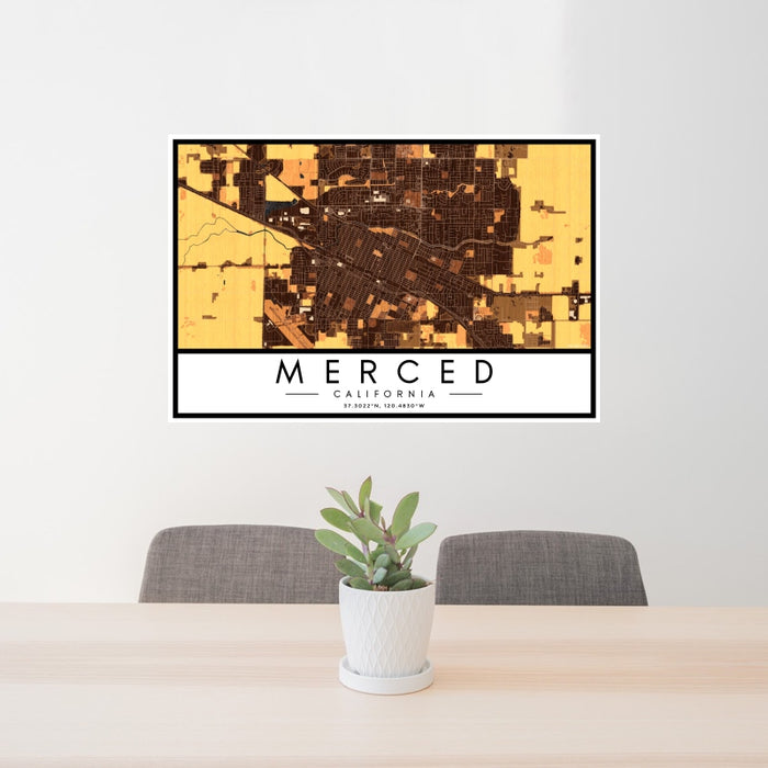 24x36 Merced California Map Print Landscape Orientation in Ember Style Behind 2 Chairs Table and Potted Plant