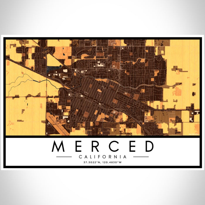 Merced California Map Print Landscape Orientation in Ember Style With Shaded Background