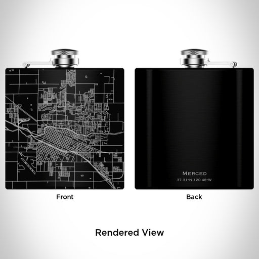 Rendered View of Merced California Map Engraving on 6oz Stainless Steel Flask in Black